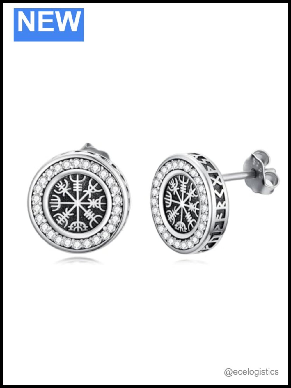 Viking Wolf Compass Earrings Men 925 Sterling Silver North Celtic Knot Stud